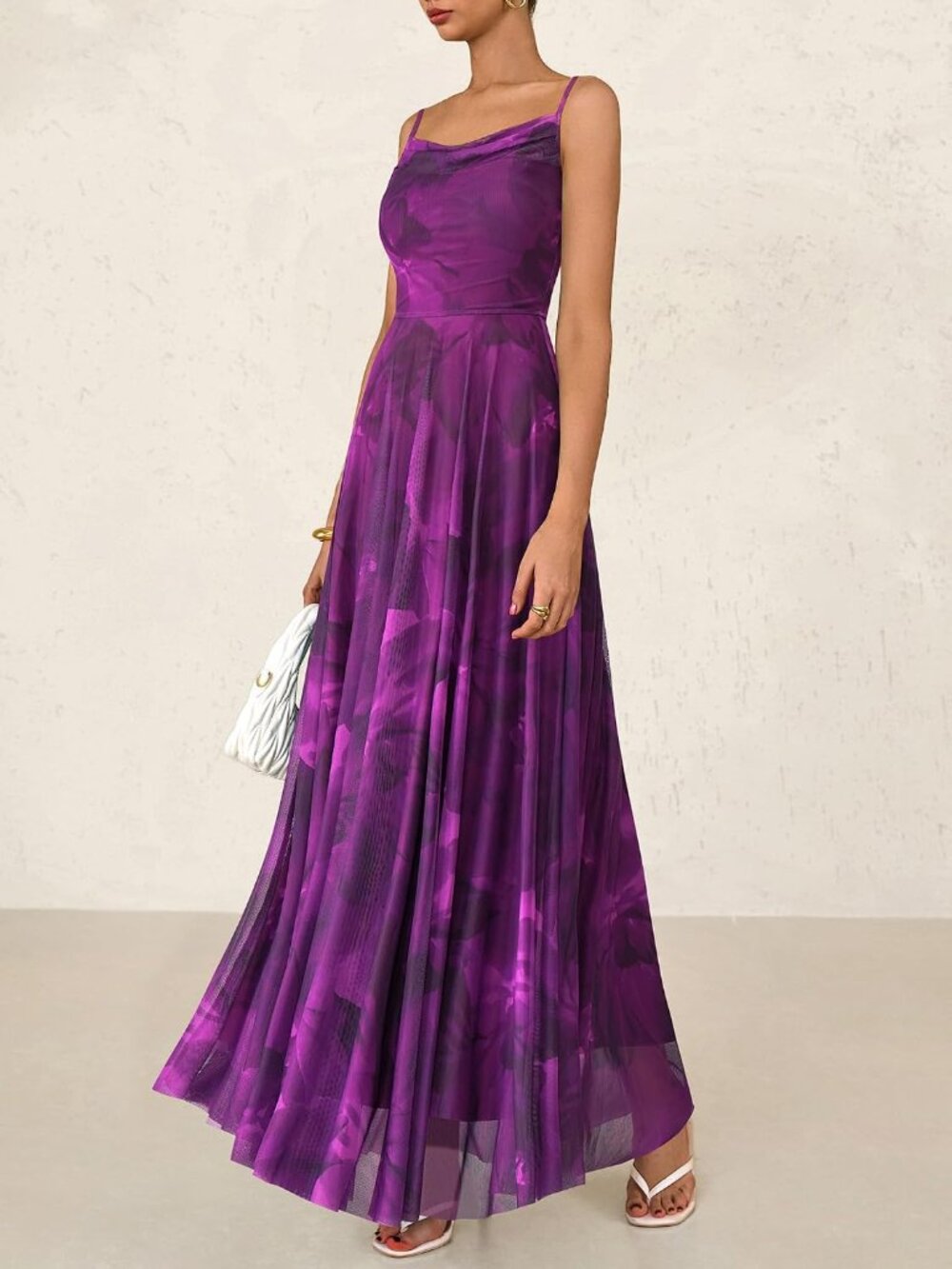 〽️Floral Purple Maxi Dress Boho Cowl Neck Spaghetti Strap Summer Vacation - Picture 6 of 6